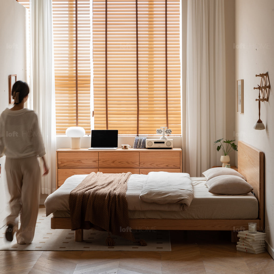 Scandinavian oak wood floating bed drift with context.