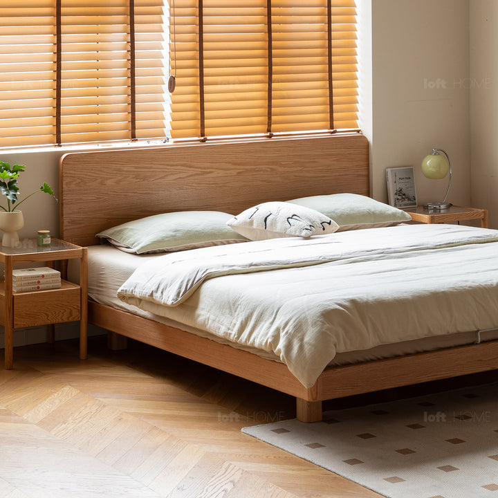 Scandinavian oak wood floating bed drift in details.