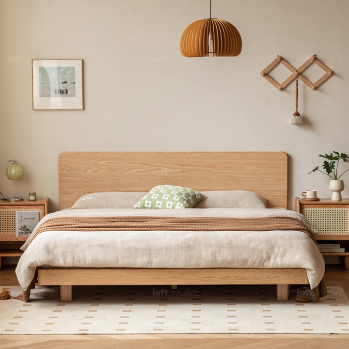 Scandinavian oak wood floating bed drift in close up details.