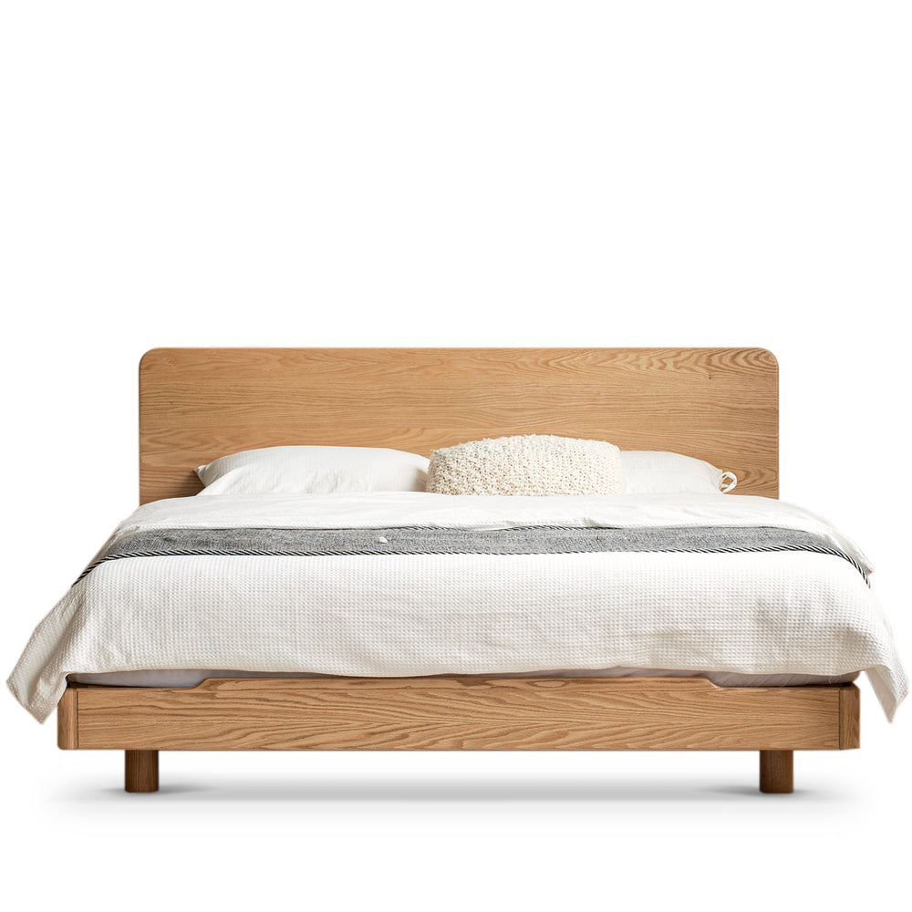 Scandinavian oak wood floating bed glide in white background.