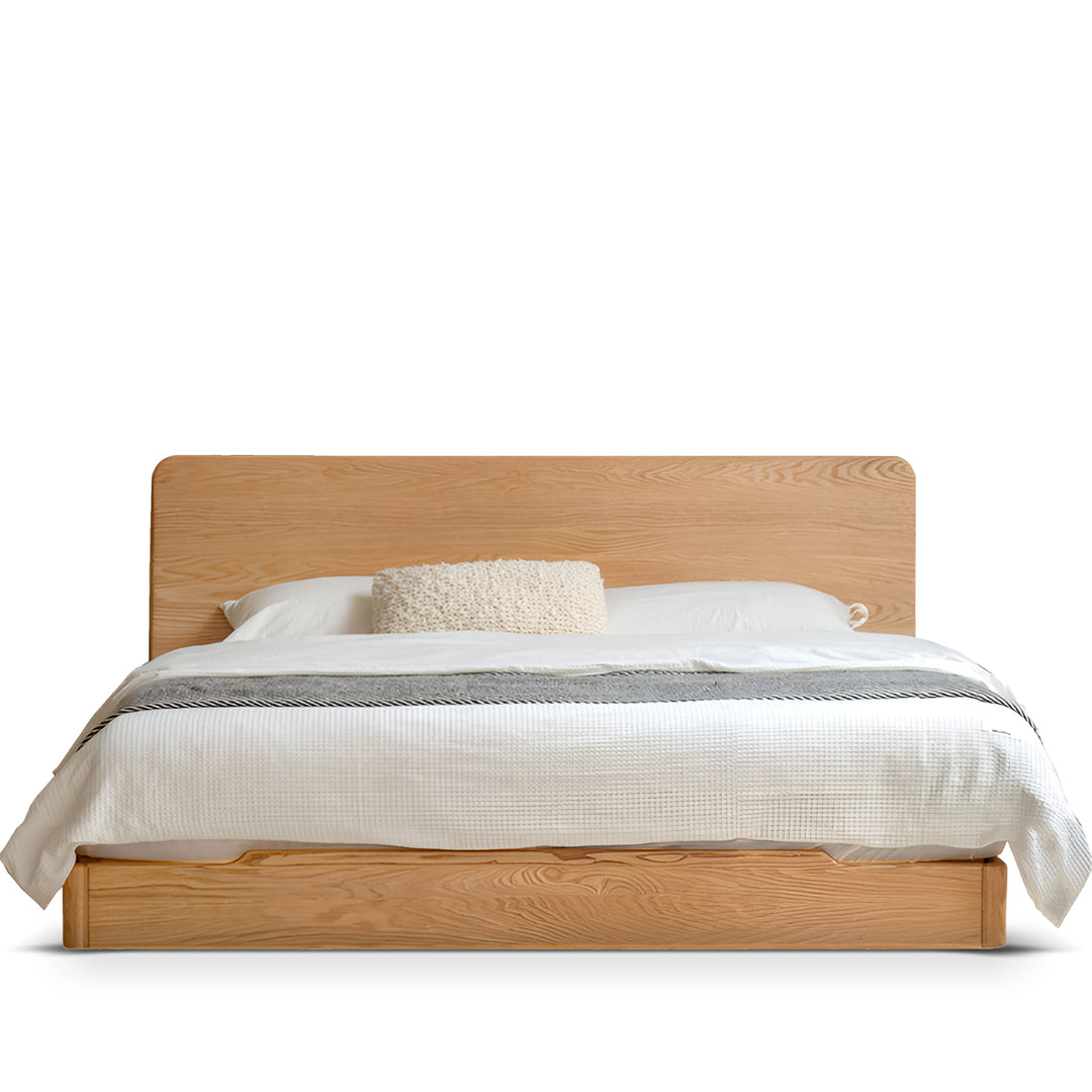 Scandinavian oak wood floating bed glide in white background.