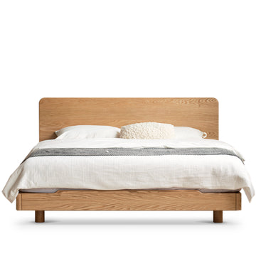 Scandinavian oak wood floating bed glide in white background.