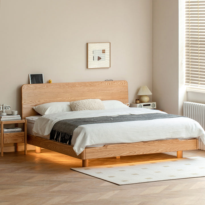 Scandinavian oak wood floating bed glide primary product view.