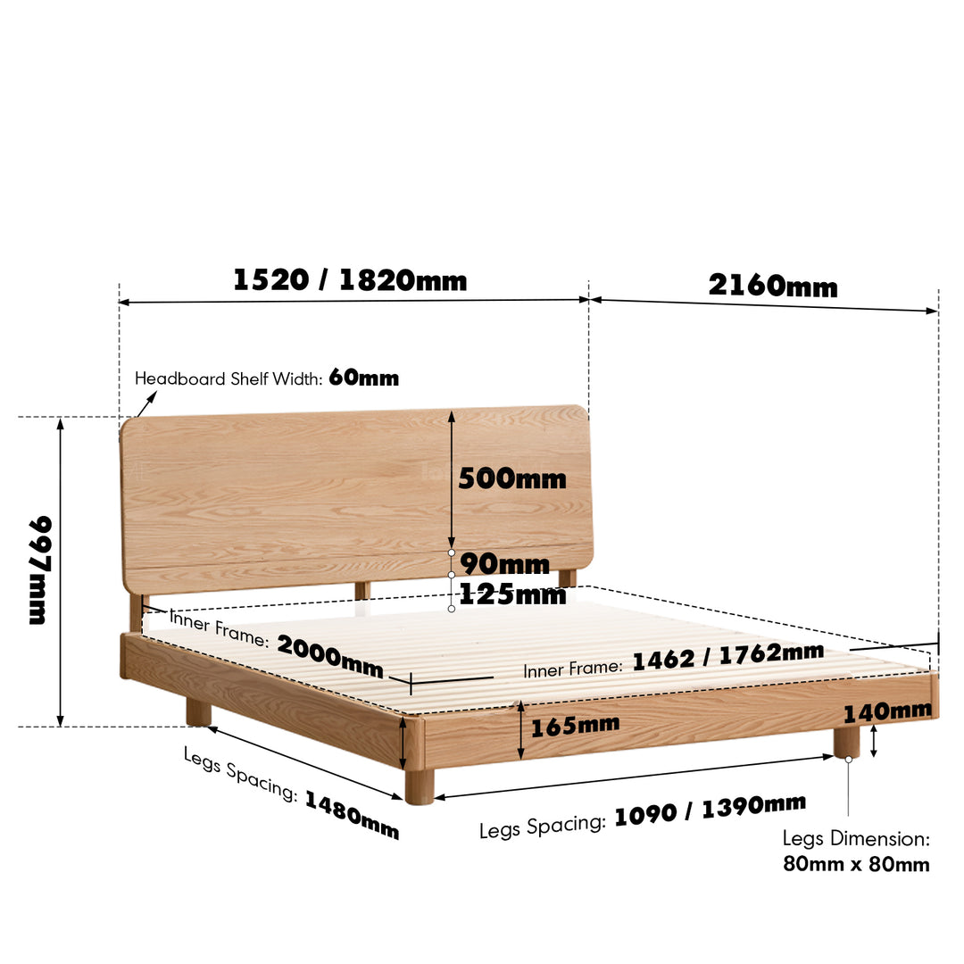 Scandinavian oak wood floating bed glide size charts.