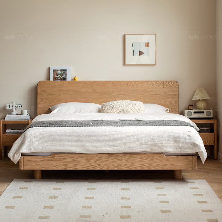 Scandinavian oak wood floating bed glide in real life style.