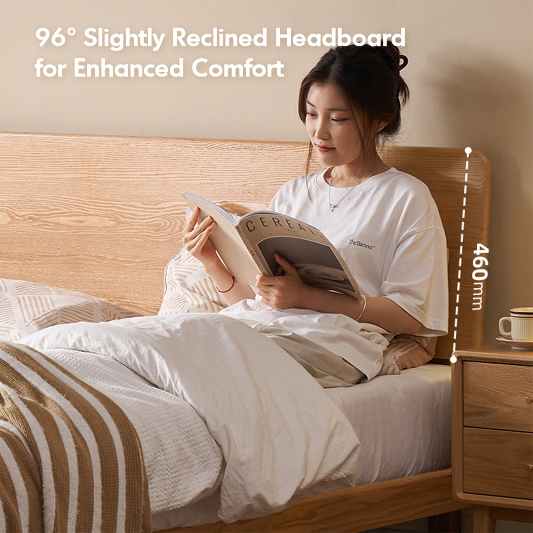 Scandinavian oak wood headboard adjustable bed nora in close up details.