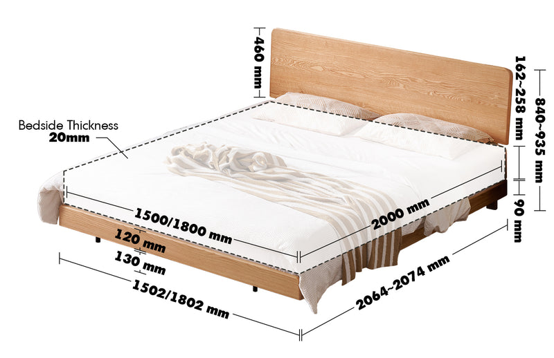 Scandinavian Oak Wood Headboard Adjustable Floating Bed NORA Size Chart