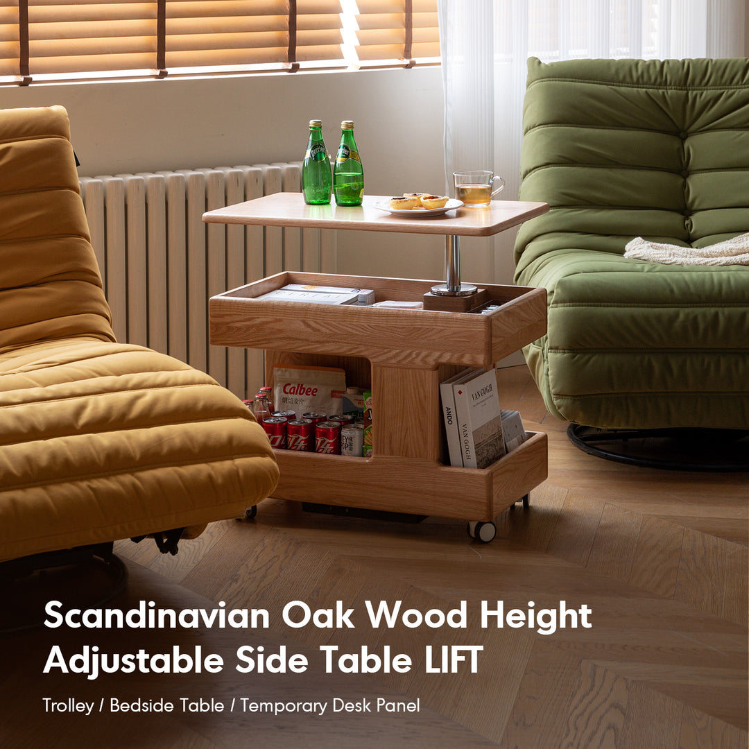 Scandinavian oak wood height adjustable side table lift in real life style.