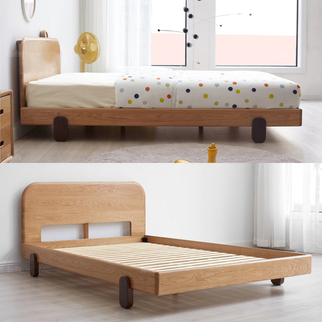 Scandinavian oak wood kids bed peblo in close up details.