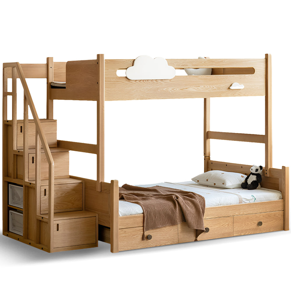 Scandinavian oak wood kids bunk bed with storage staircase and bottom drawers cloud in white background.