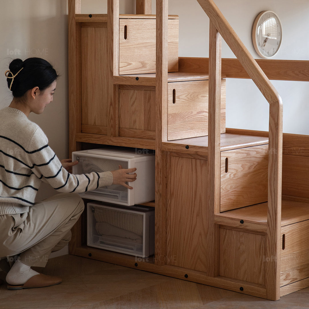 Scandinavian oak wood kids bunk bed with storage staircase and bottom drawers cloud conceptual design.