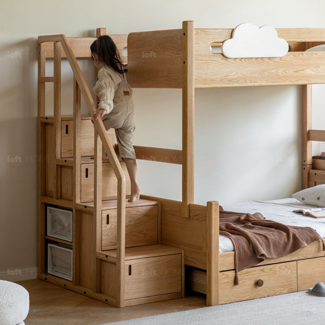 Scandinavian oak wood kids bunk bed with storage staircase and bottom drawers cloud situational feels.