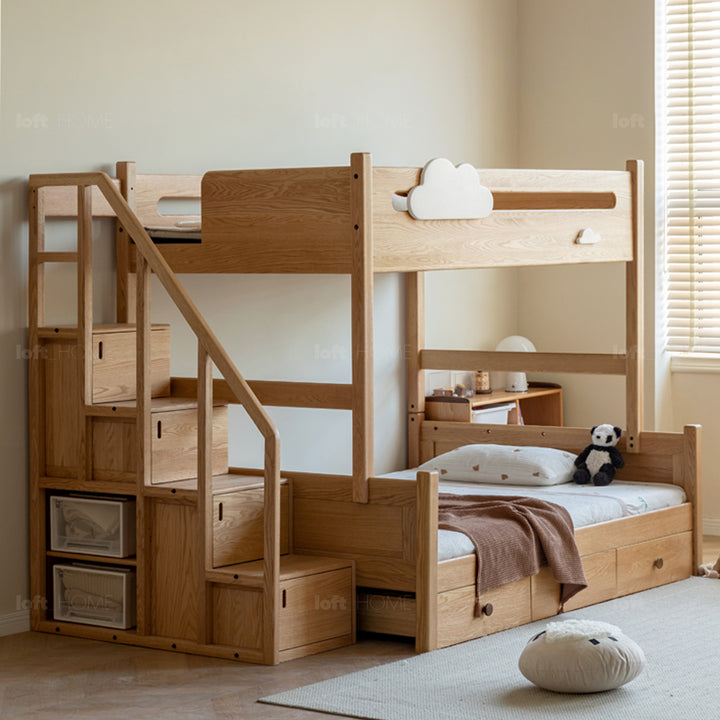 Scandinavian oak wood kids bunk bed with storage staircase and bottom drawers cloud detail 1.