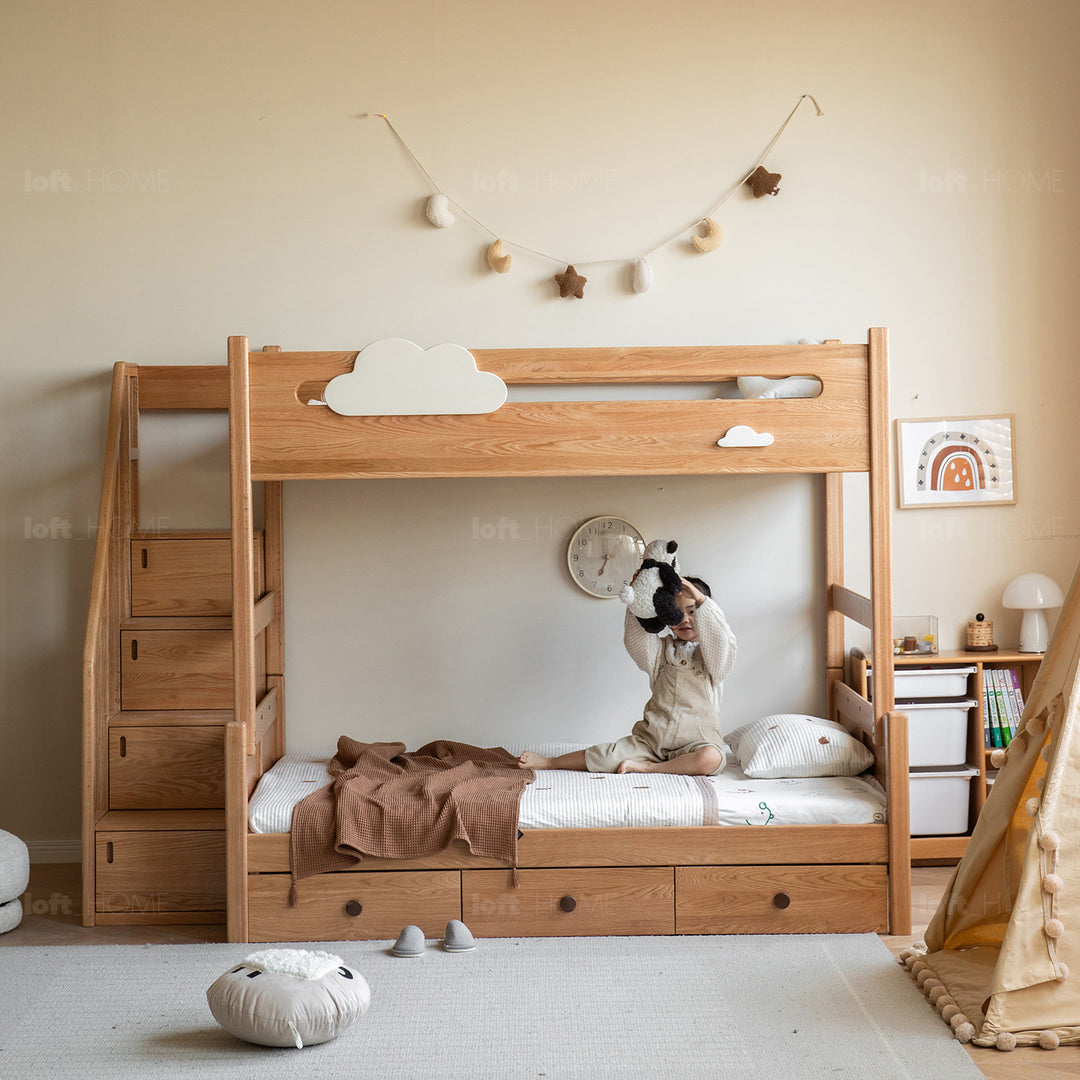 Scandinavian oak wood kids bunk bed with storage staircase and bottom drawers cloud detail 2.