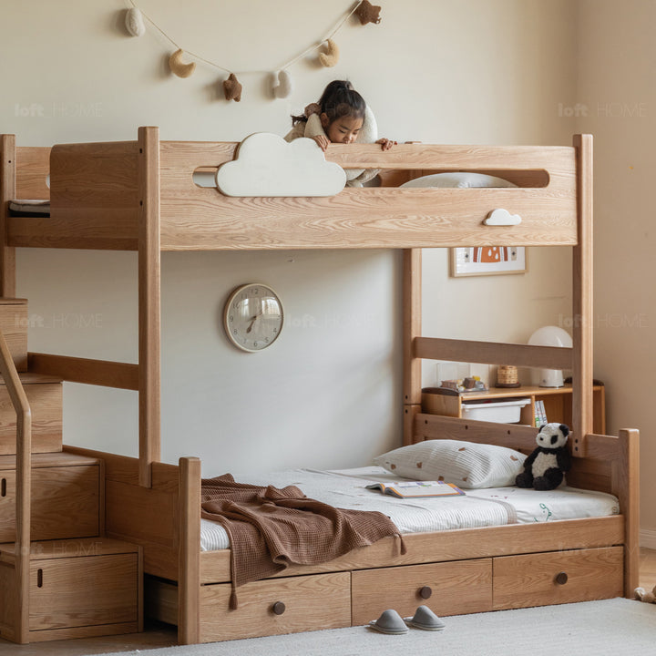 Scandinavian oak wood kids bunk bed with storage staircase and bottom drawers cloud detail 3.