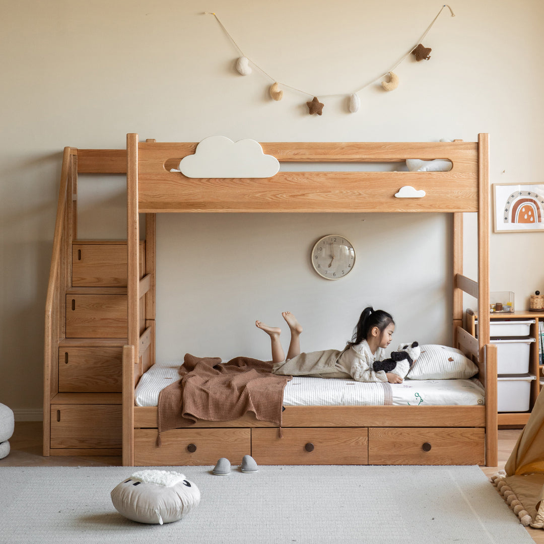 Scandinavian oak wood kids bunk bed with storage staircase and bottom drawers cloud primary product view.