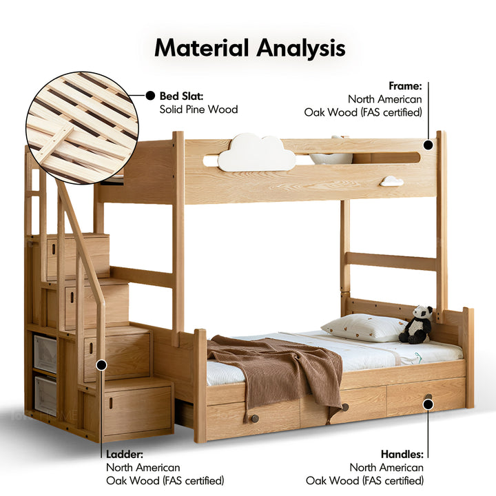 Scandinavian oak wood kids bunk bed with storage staircase and bottom drawers cloud detail 6.