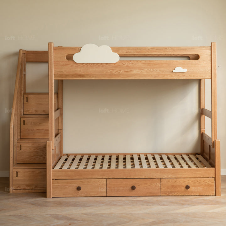 Scandinavian oak wood kids bunk bed with storage staircase and bottom drawers cloud detail 7.