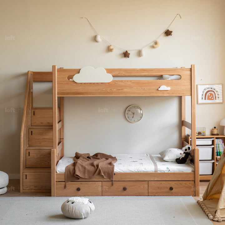 Scandinavian oak wood kids bunk bed with storage staircase and bottom drawers cloud in real life style.