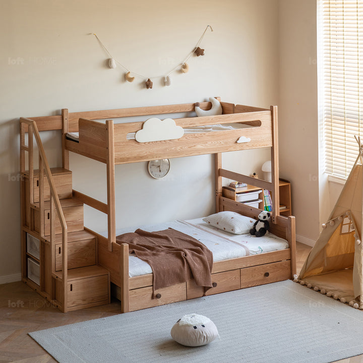 Scandinavian oak wood kids bunk bed with storage staircase and bottom drawers cloud with context.