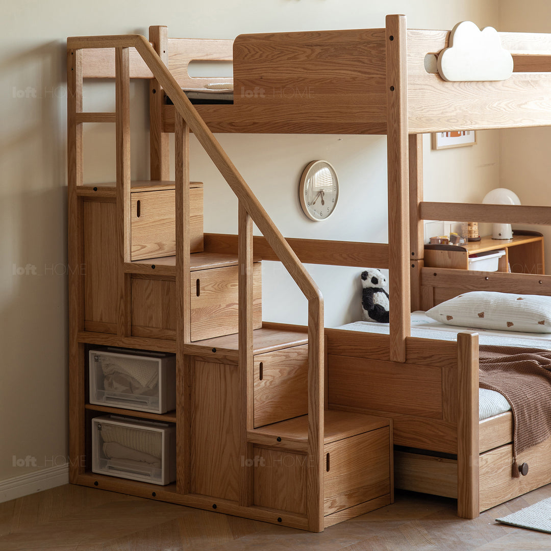 Scandinavian oak wood kids bunk bed with storage staircase and bottom drawers cloud in details.