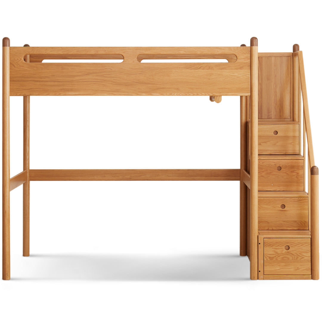 Scandinavian oak wood kids bunk bed with storage staircase stepup in white background.