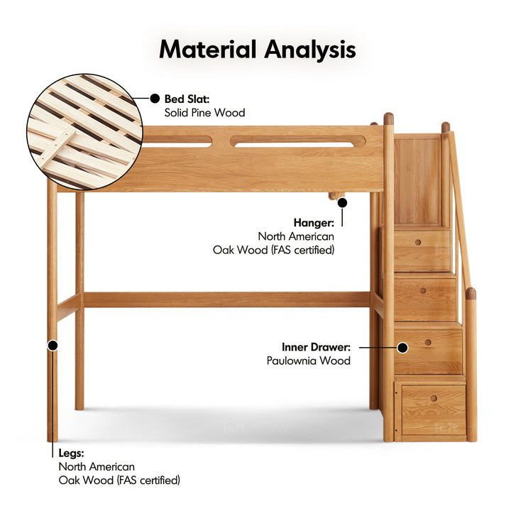 Scandinavian oak wood kids bunk bed with storage staircase stepup environmental situation.