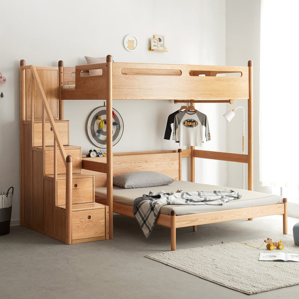 Scandinavian oak wood kids bunk bed with storage staircase stepup primary product view.