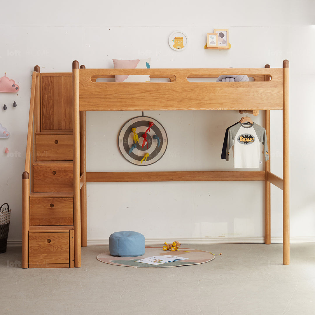 Scandinavian oak wood kids bunk bed with storage staircase stepup in real life style.