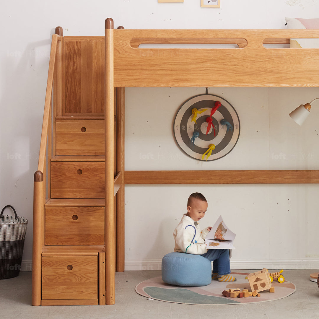 Scandinavian oak wood kids bunk bed with storage staircase stepup with context.