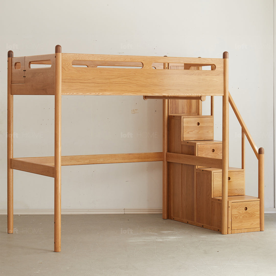 Scandinavian oak wood kids bunk bed with storage staircase stepup in details.