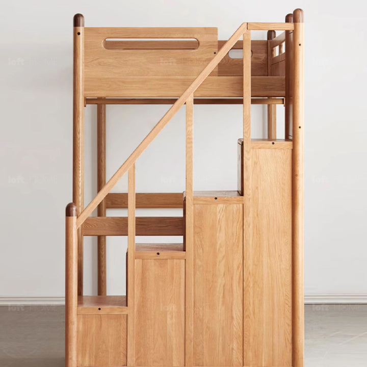 Scandinavian oak wood kids bunk bed with storage staircase stepup in close up details.