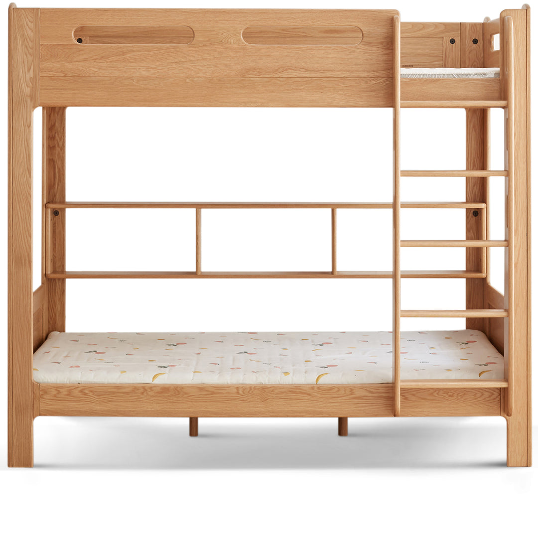 Scandinavian oak wood kids bunk bed with wall shelf hive in white background.