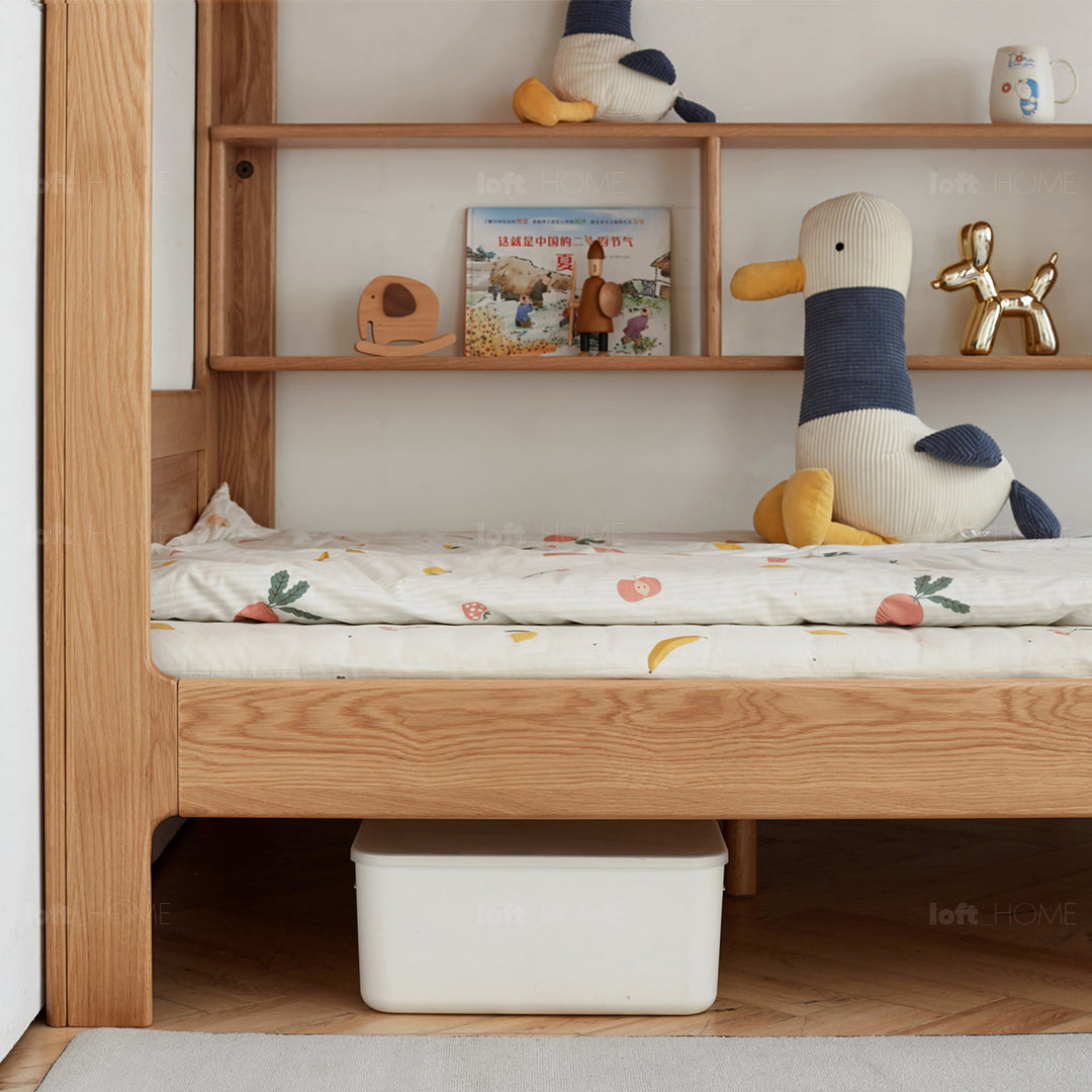 Scandinavian oak wood kids bunk bed with wall shelf hive in panoramic view.