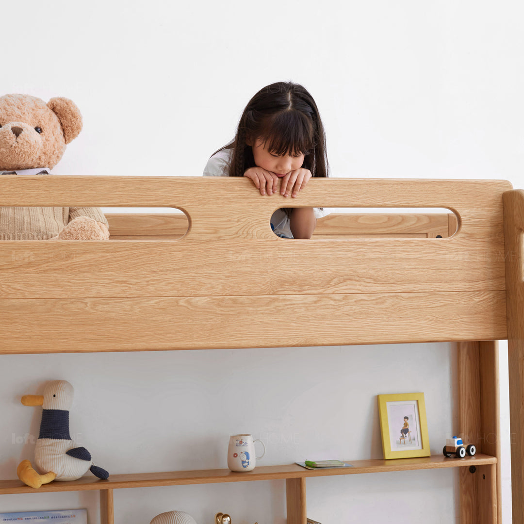 Scandinavian oak wood kids bunk bed with wall shelf hive environmental situation.