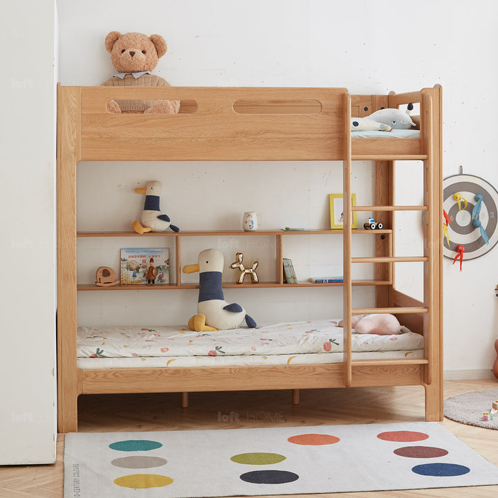 Scandinavian oak wood kids bunk bed with wall shelf hive situational feels.