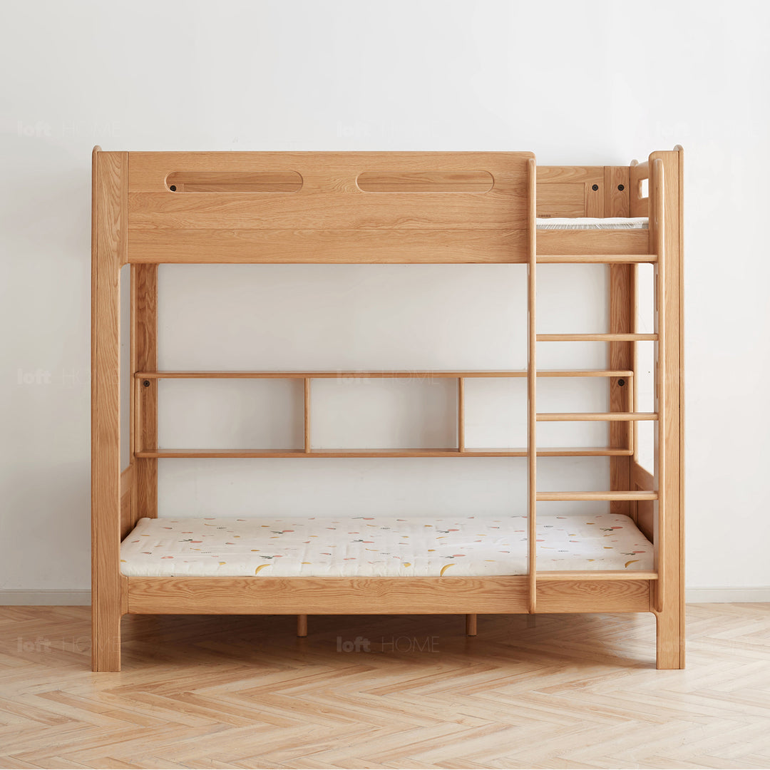 Scandinavian oak wood kids bunk bed with wall shelf hive layered structure.