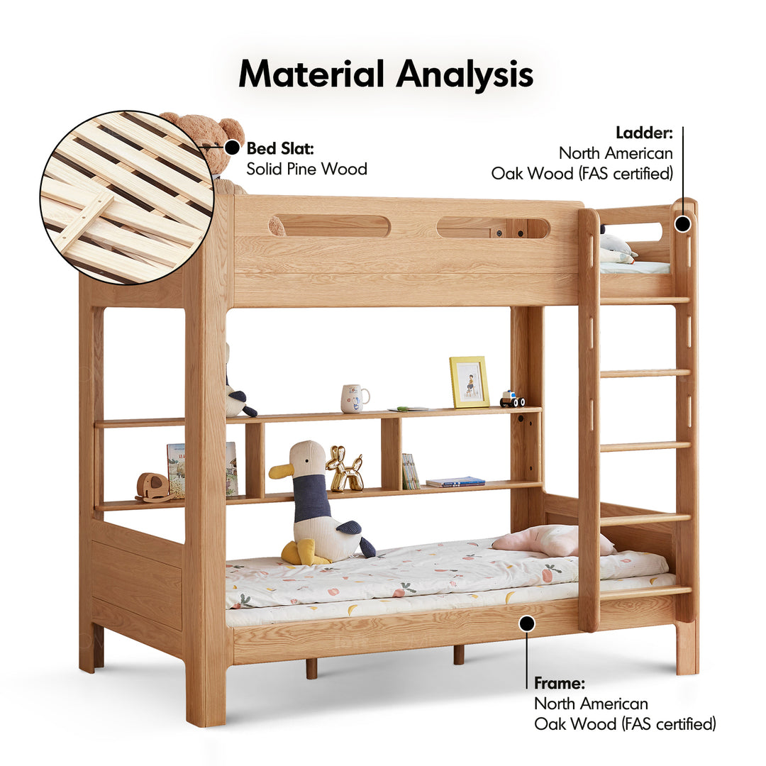 Scandinavian oak wood kids bunk bed with wall shelf hive detail 3.