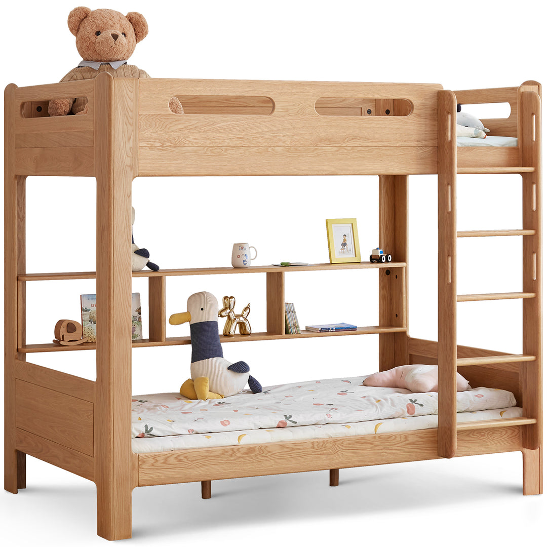 Scandinavian oak wood kids bunk bed with wall shelf hive detail 4.