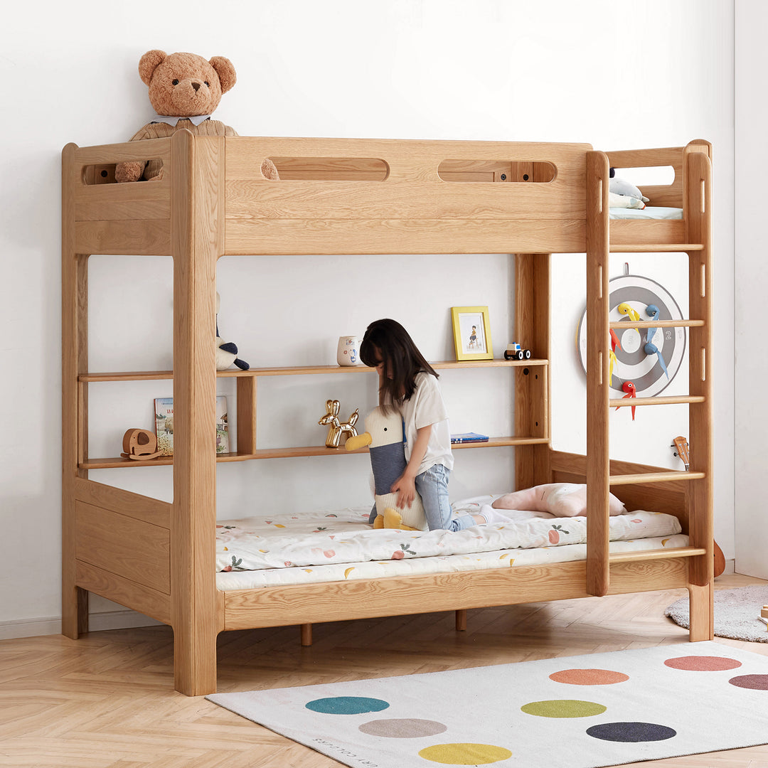 Scandinavian oak wood kids bunk bed with wall shelf hive primary product view.