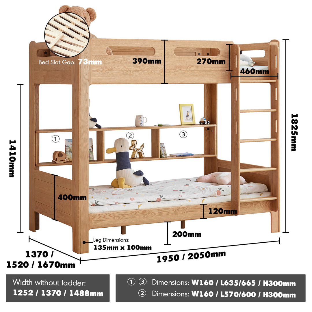 Scandinavian oak wood kids bunk bed with wall shelf hive size charts.