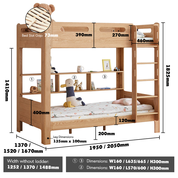 Scandinavian oak wood kids bunk bed with wall shelf hive size charts.