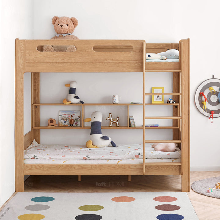 Scandinavian oak wood kids bunk bed with wall shelf hive in real life style.