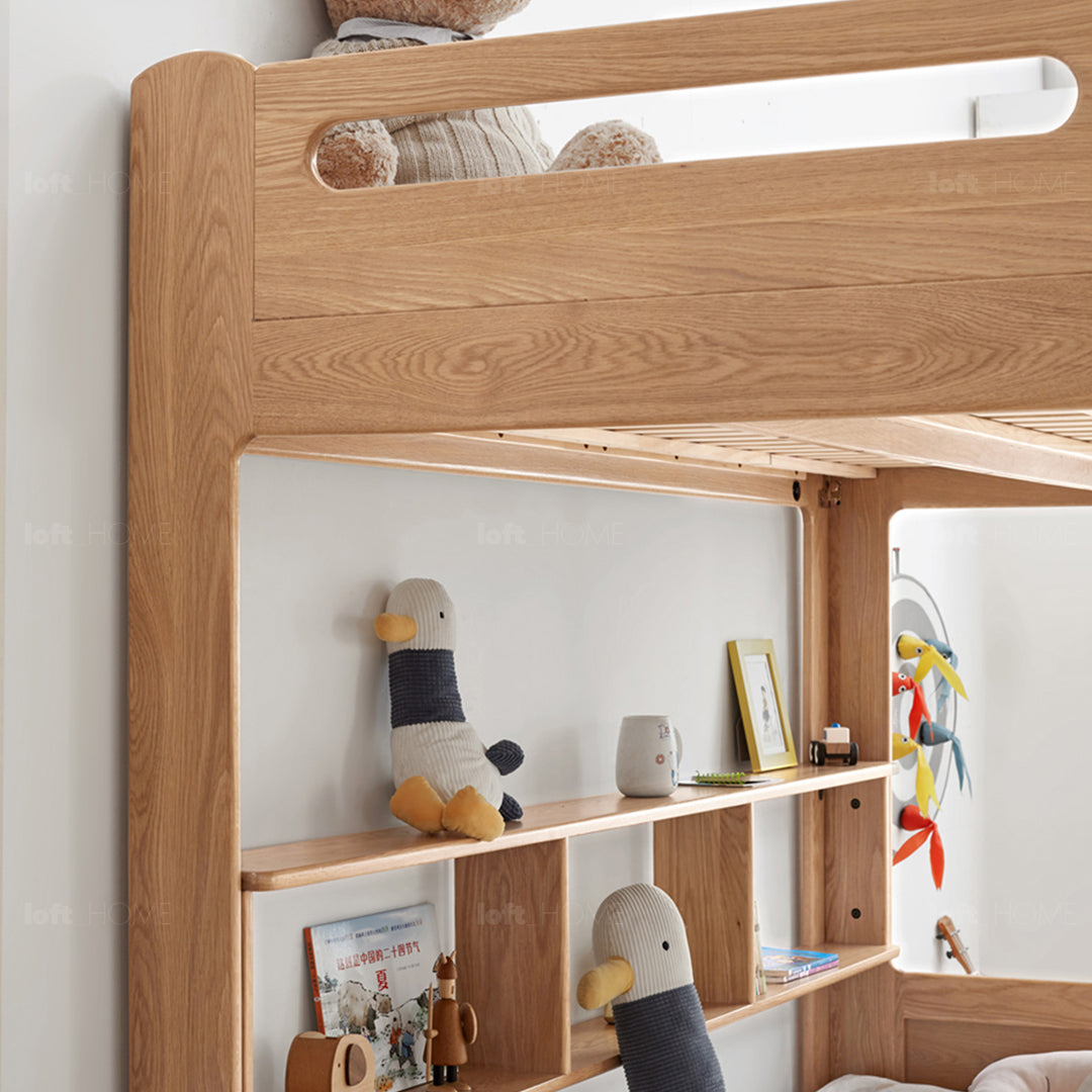 Scandinavian oak wood kids bunk bed with wall shelf hive in close up details.