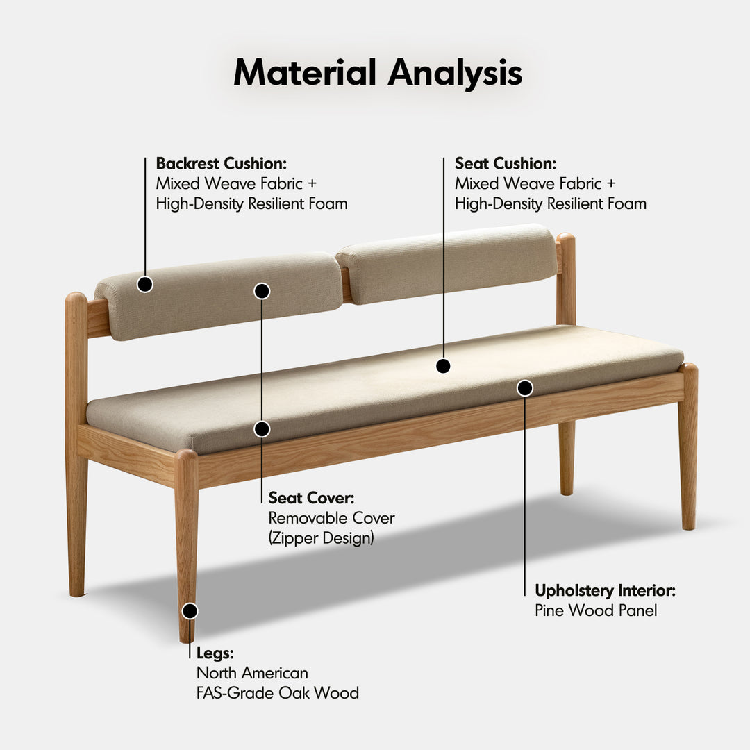 Scandinavian oak wood mixed weave fabric dining bench pillar detail 9.