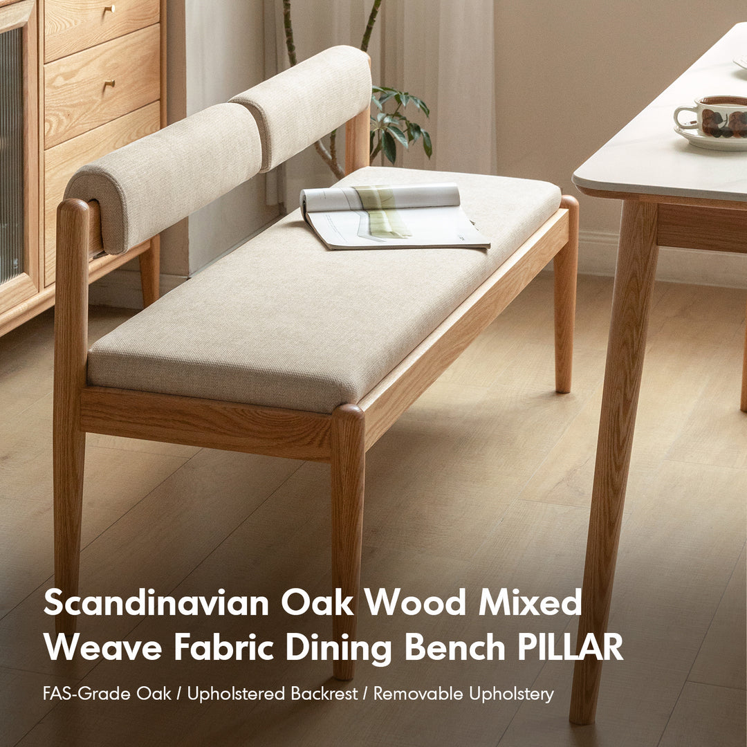 Scandinavian oak wood mixed weave fabric dining bench pillar in real life style.