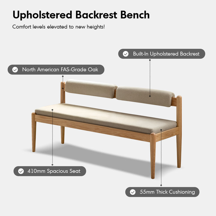 Scandinavian oak wood mixed weave fabric dining bench pillar with context.