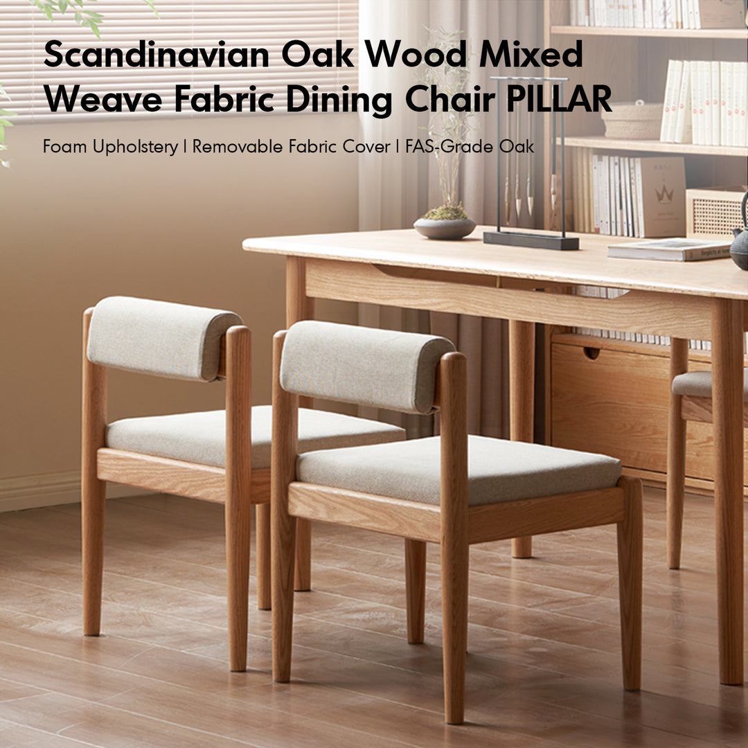 Scandinavian oak wood mixed weave fabric dining chair pillar in real life style.