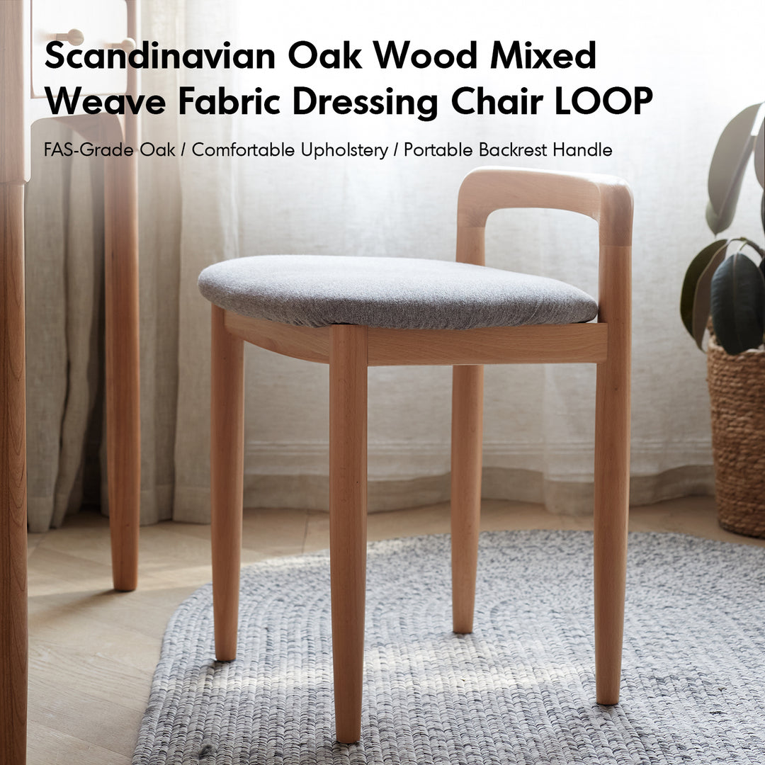 Scandinavian oak wood mixed weave fabric dressing chair loop in real life style.