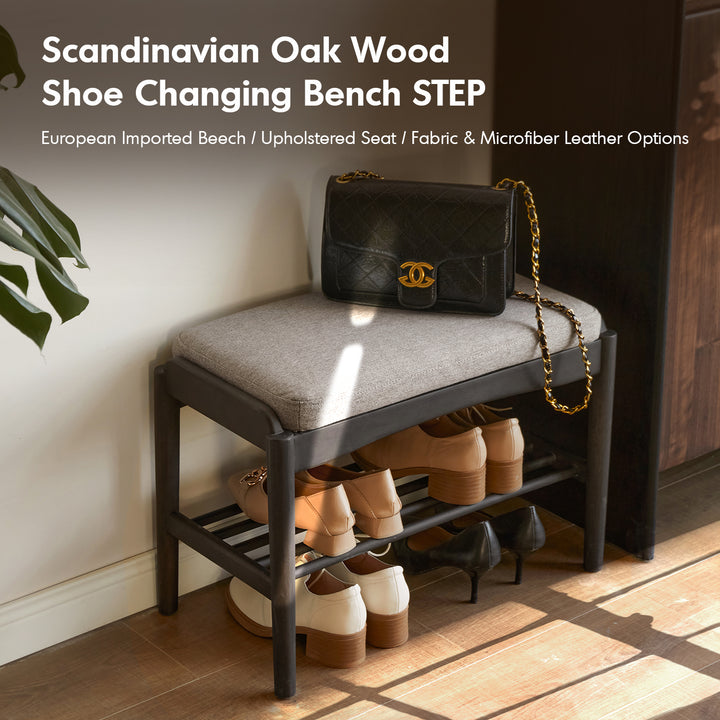 Scandinavian oak wood mixed weave fabric shoe changing bench step in real life style.